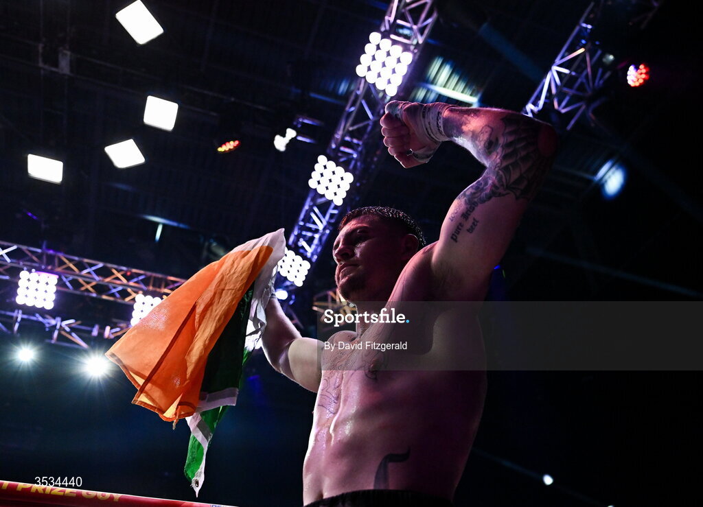 8 August 2026; Callum Walsh after winning the middleweight bout against Tyler Denny during the Zuffa Boxing 10 event at the 3Arena in Dublin. Photo by David Fitzgerald/Sportsfile