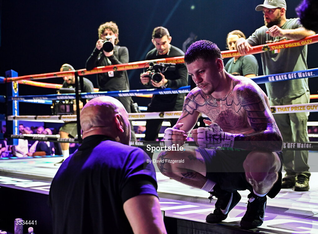 8 August 2026; Callum Walsh speaks to UFC president Dana White after winning the middleweight bout against Tyler Denny during the Zuffa Boxing 10 event at the 3Arena in Dublin. Photo by David Fitzgerald/Sportsfile