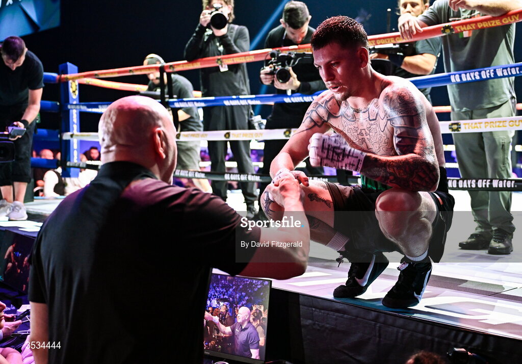 8 August 2026; Callum Walsh speaks to UFC president Dana White after winning the middleweight bout against Tyler Denny during the Zuffa Boxing 10 event at the 3Arena in Dublin. Photo by David Fitzgerald/Sportsfile