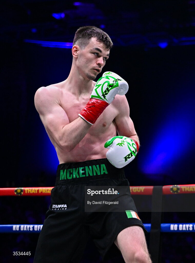 8 August 2026; Aaron McKenna during the world middleweight title bout during the Zuffa Boxing 10 event at the 3Arena in Dublin. Photo by David Fitzgerald/Sportsfile