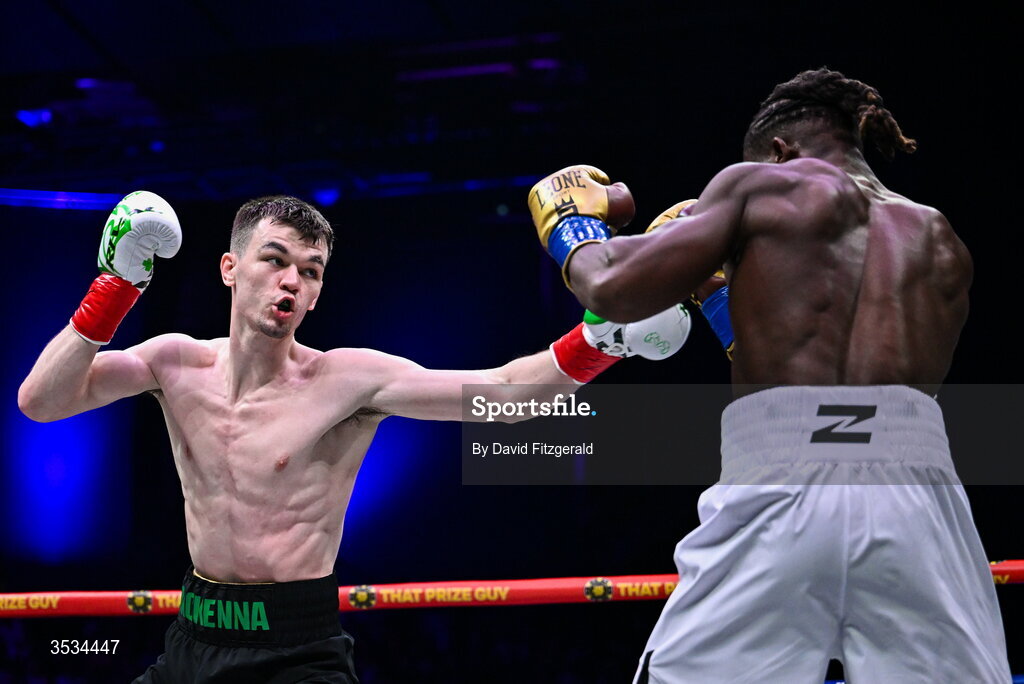 8 August 2026; Aaron McKenna, left, and Etinosa Oliha during their world middleweight title bout during the Zuffa Boxing 10 event at the 3Arena in Dublin. Photo by David Fitzgerald/Sportsfile