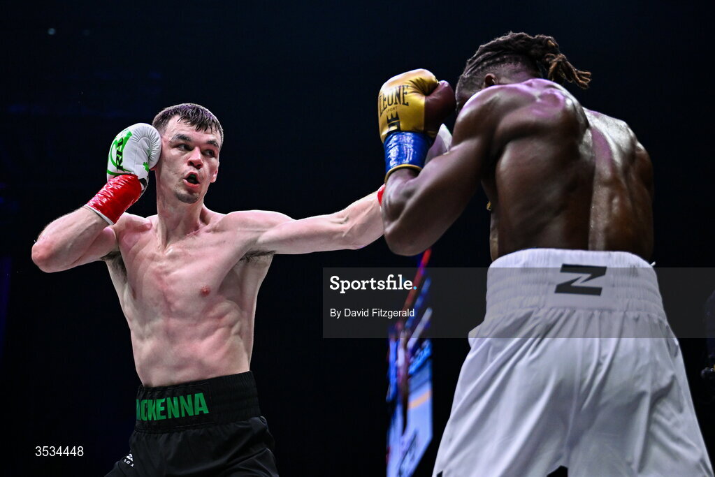 8 August 2026; Aaron McKenna, left, and Etinosa Oliha during their world middleweight title bout during the Zuffa Boxing 10 event at the 3Arena in Dublin. Photo by David Fitzgerald/Sportsfile