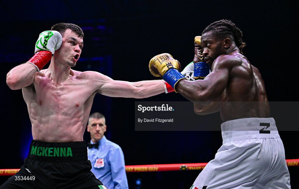 8 August 2026; Aaron McKenna, left, and Etinosa Oliha during their world middleweight title bout during the Zuffa Boxing 10 event at the 3Arena in Dublin. Photo by David Fitzgerald/Sportsfile