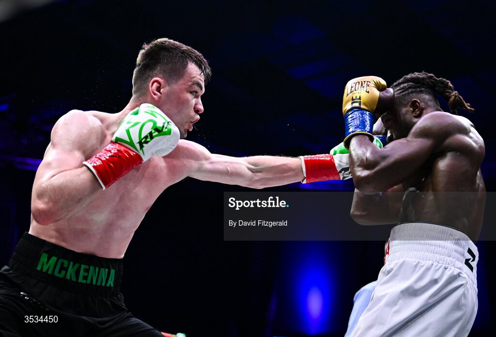 8 August 2026; Aaron McKenna, left, and Etinosa Oliha during their world middleweight title bout during the Zuffa Boxing 10 event at the 3Arena in Dublin. Photo by David Fitzgerald/Sportsfile