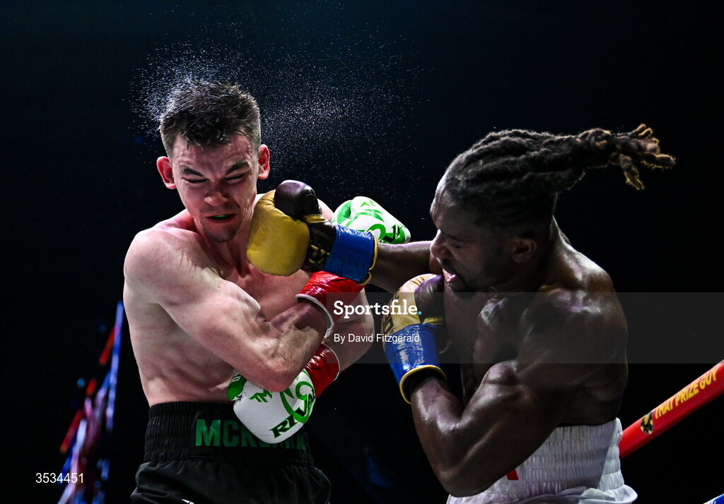 8 August 2026; Etinosa Oliha, right, and Aaron McKenna during their world middleweight title bout during the Zuffa Boxing 10 event at the 3Arena in Dublin. Photo by David Fitzgerald/Sportsfile