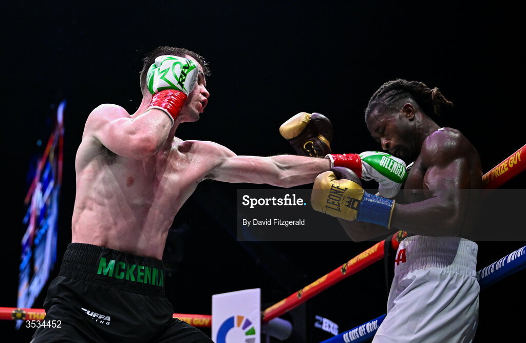 8 August 2026; Aaron McKenna, left, and Etinosa Oliha during their world middleweight title bout during the Zuffa Boxing 10 event at the 3Arena in Dublin. Photo by David Fitzgerald/Sportsfile