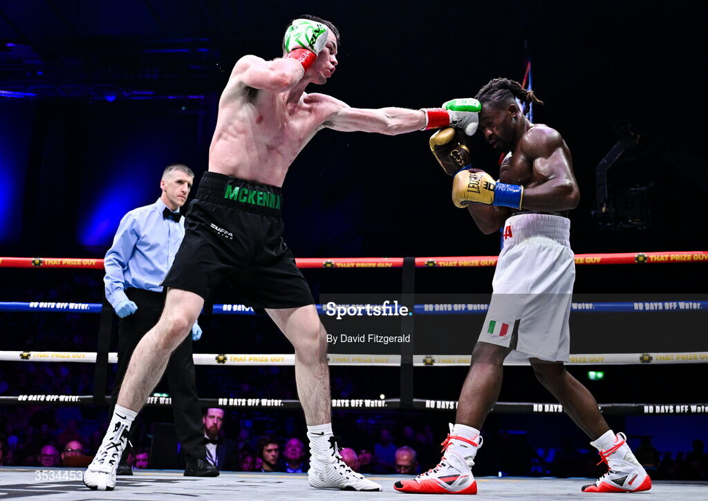 8 August 2026; Aaron McKenna, left, and Etinosa Oliha during their world middleweight title bout during the Zuffa Boxing 10 event at the 3Arena in Dublin. Photo by David Fitzgerald/Sportsfile