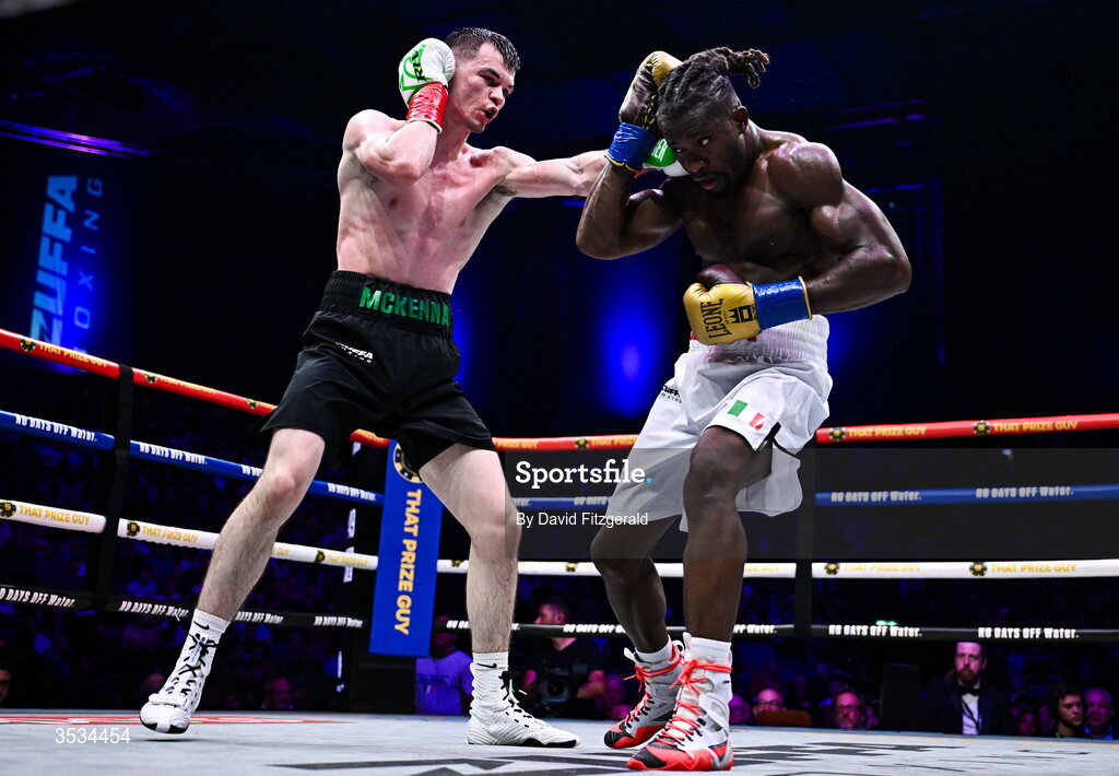 8 August 2026; Aaron McKenna, left, and Etinosa Oliha during their world middleweight title bout during the Zuffa Boxing 10 event at the 3Arena in Dublin. Photo by David Fitzgerald/Sportsfile