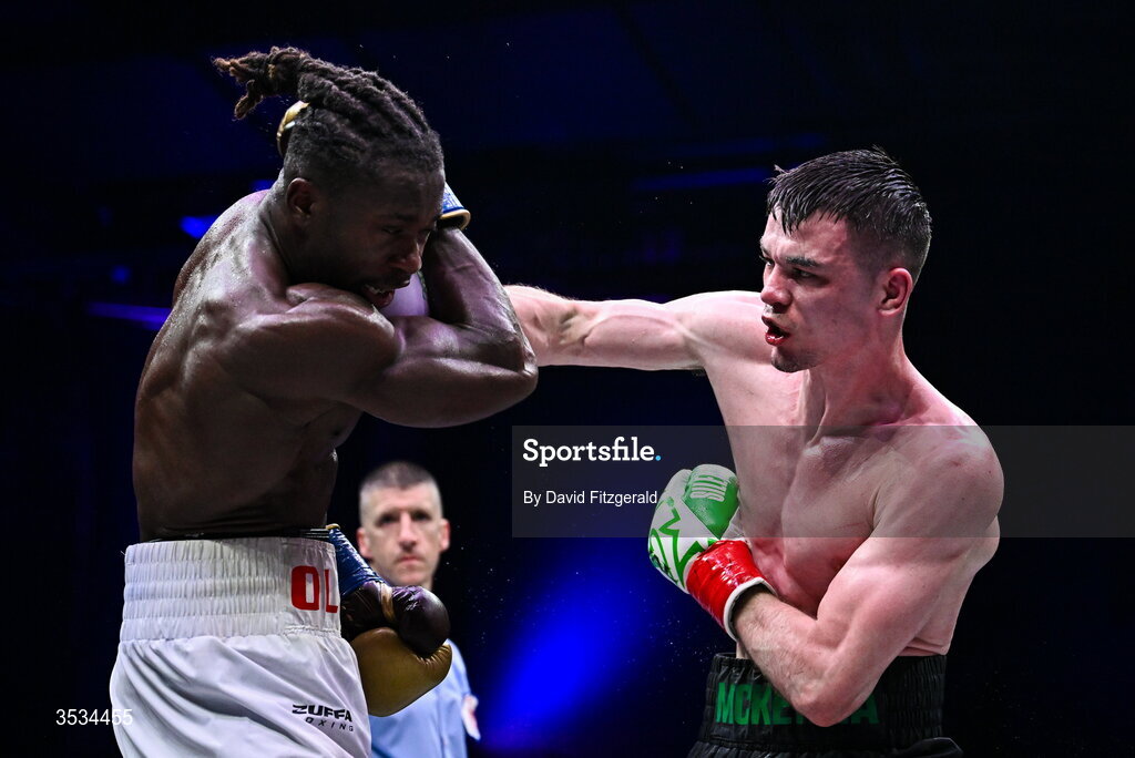 8 August 2026; Aaron McKenna, right, and Etinosa Oliha during their world middleweight title bout during the Zuffa Boxing 10 event at the 3Arena in Dublin. Photo by David Fitzgerald/Sportsfile