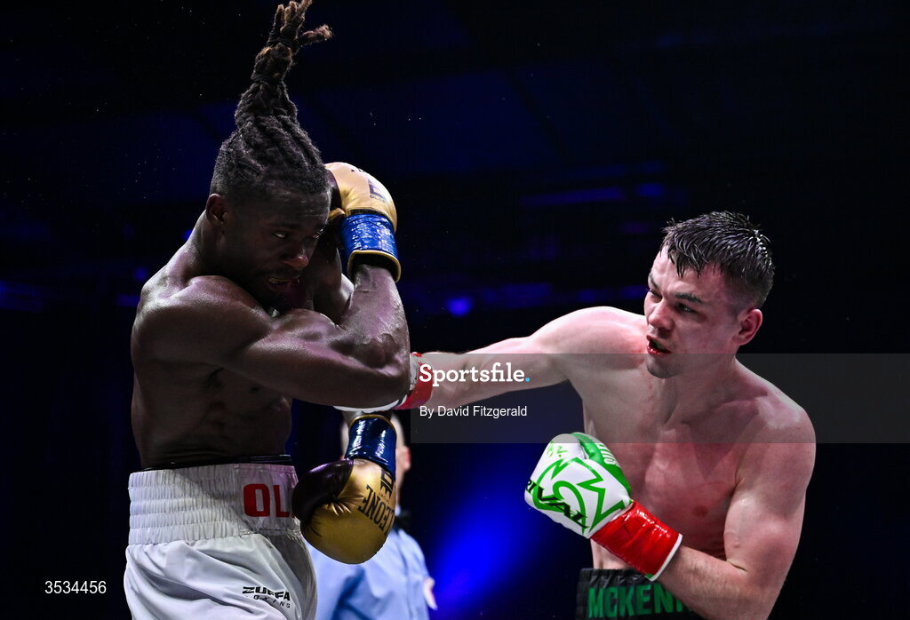 8 August 2026; Aaron McKenna, right, and Etinosa Oliha during their world middleweight title bout during the Zuffa Boxing 10 event at the 3Arena in Dublin. Photo by David Fitzgerald/Sportsfile