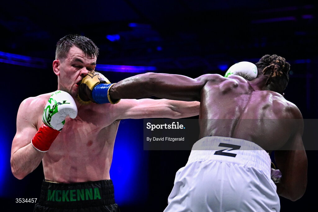 8 August 2026; Aaron McKenna, left, and Etinosa Oliha during their world middleweight title bout during the Zuffa Boxing 10 event at the 3Arena in Dublin. Photo by David Fitzgerald/Sportsfile