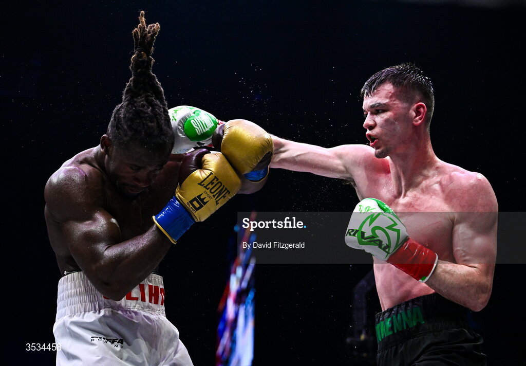 8 August 2026; Aaron McKenna, right, and Etinosa Oliha during their world middleweight title bout during the Zuffa Boxing 10 event at the 3Arena in Dublin. Photo by David Fitzgerald/Sportsfile