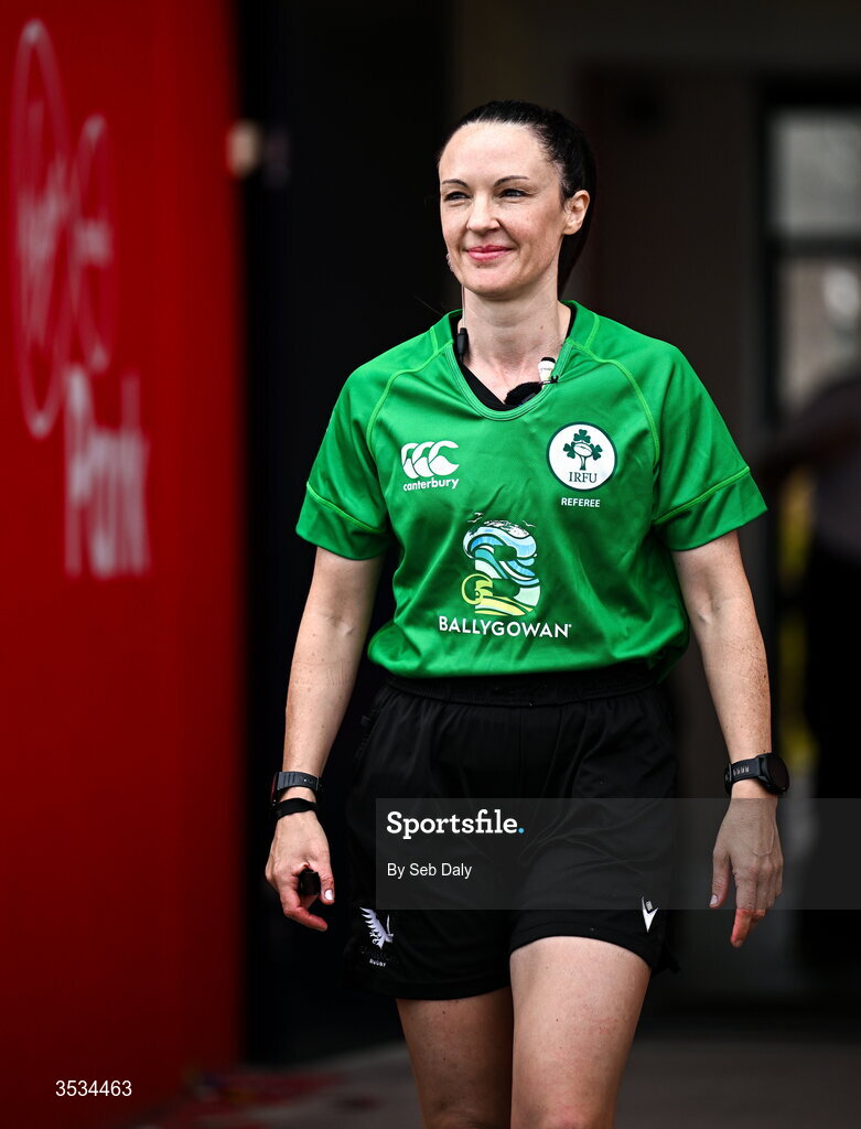 8 August 2026; Referee Siobhan Daly before the Vodafone Womens Interprovincial Championship Round 1 match between Munster and Leinster at Virgin Media Park in Cork. Photo by Seb Daly/Sportsfile
