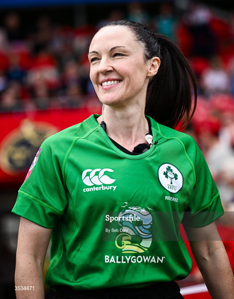 8 August 2026; Referee Siobhan Daly before the Vodafone Womens Interprovincial Championship Round 1 match between Munster and Leinster at Virgin Media Park in Cork. Photo by Seb Daly/Sportsfile