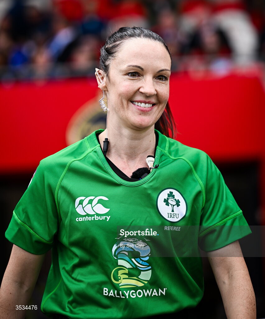 8 August 2026; Referee Siobhan Daly before the Vodafone Womens Interprovincial Championship Round 1 match between Munster and Leinster at Virgin Media Park in Cork. Photo by Seb Daly/Sportsfile