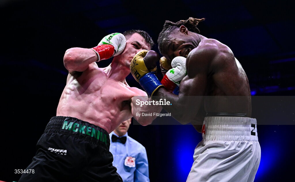 8 August 2026; Aaron McKenna, left, and Etinosa Oliha during their world middleweight title bout during the Zuffa Boxing 10 event at the 3Arena in Dublin. Photo by David Fitzgerald/Sportsfile