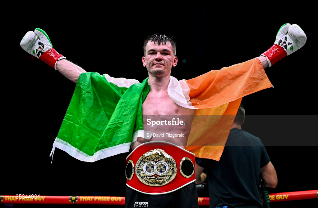 8 August 2026; Aaron McKenna after winning the light heavyweight title bout against Etinosa Oliha during the Zuffa Boxing 10 event at the 3Arena in Dublin. Photo by David Fitzgerald/Sportsfile