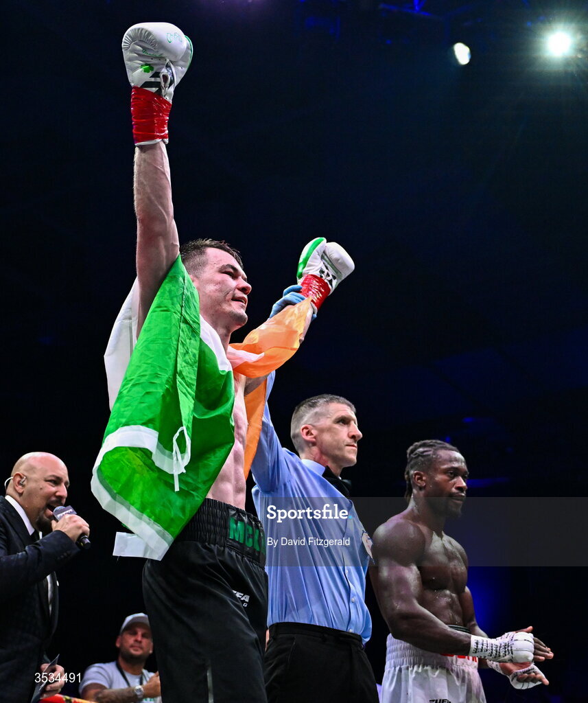 8 August 2026; Aaron McKenna after winning the light heavyweight title bout against Etinosa Oliha during the Zuffa Boxing 10 event at the 3Arena in Dublin. Photo by David Fitzgerald/Sportsfile