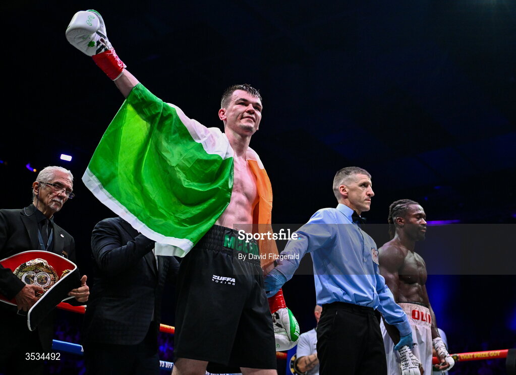 8 August 2026; Aaron McKenna after winning the light heavyweight title bout against Etinosa Oliha during the Zuffa Boxing 10 event at the 3Arena in Dublin. Photo by David Fitzgerald/Sportsfile