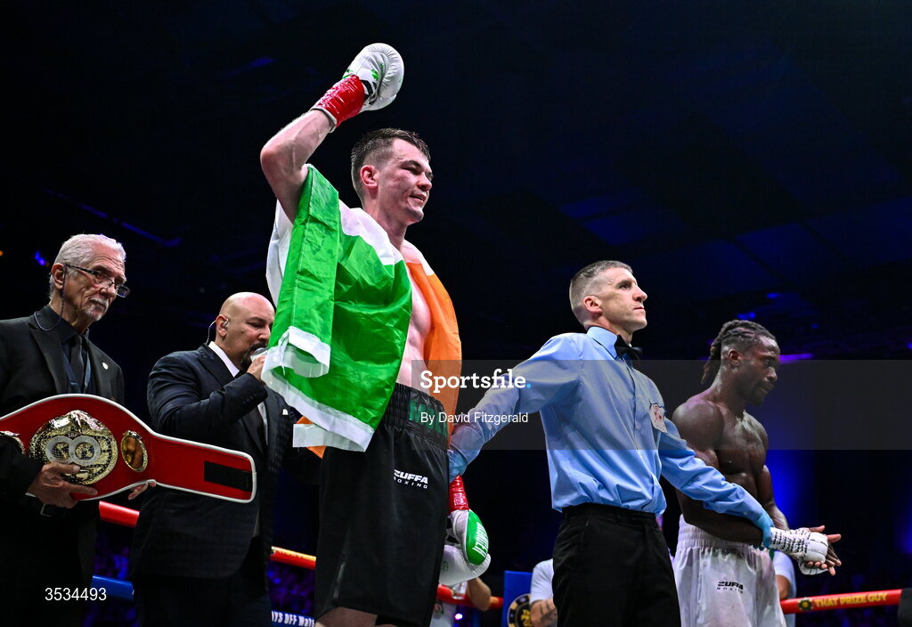 8 August 2026; Aaron McKenna after winning the light heavyweight title bout against Etinosa Oliha during the Zuffa Boxing 10 event at the 3Arena in Dublin. Photo by David Fitzgerald/Sportsfile