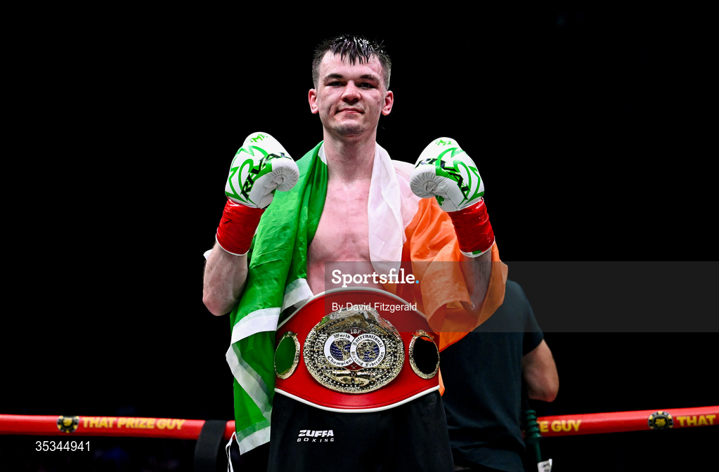 8 August 2026; Aaron McKenna celebrates with the belt after winning the light heavyweight title bout against Etinosa Oliha during the Zuffa Boxing 10 event at the 3Arena in Dublin. Photo by David Fitzgerald/Sportsfile