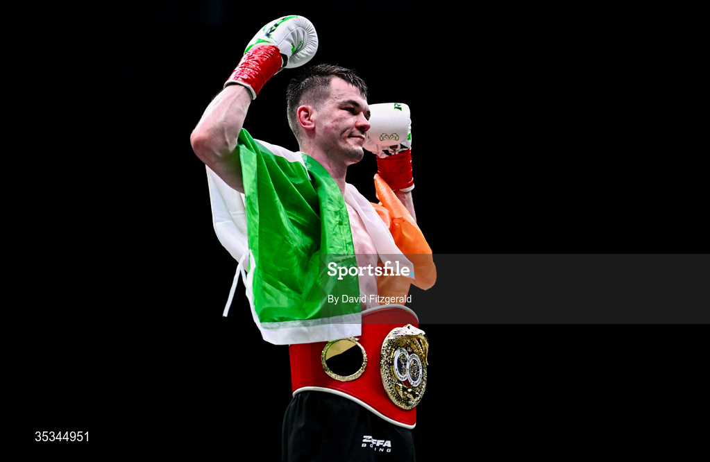 8 August 2026; Aaron McKenna celebrates with the belt after winning the light heavyweight title bout against Etinosa Oliha during the Zuffa Boxing 10 event at the 3Arena in Dublin. Photo by David Fitzgerald/Sportsfile