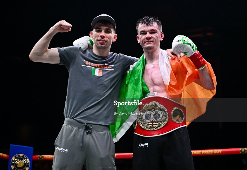8 August 2026; Aaron McKenna and his brother Stevie celebrates with the belt after winning the light heavyweight title bout against Etinosa Oliha during the Zuffa Boxing 10 event at the 3Arena in Dublin. Photo by David Fitzgerald/Sportsfile