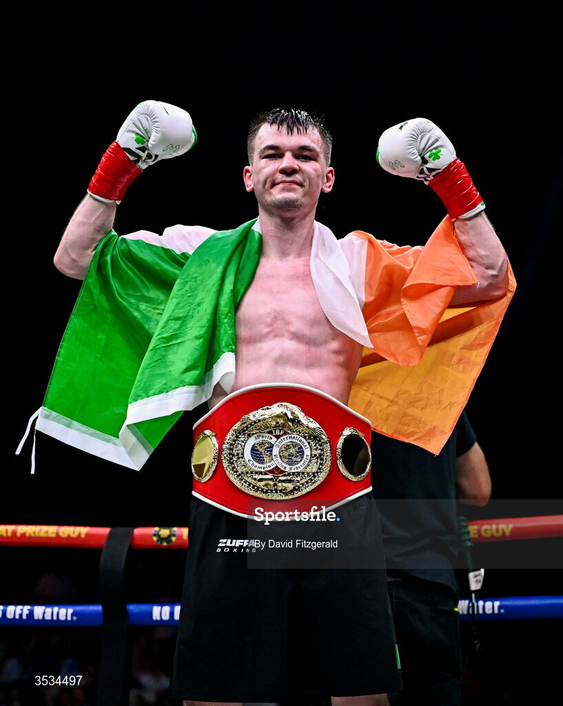 8 August 2026; Aaron McKenna celebrates with the belt after winning the light heavyweight title bout against Etinosa Oliha during the Zuffa Boxing 10 event at the 3Arena in Dublin. Photo by David Fitzgerald/Sportsfile