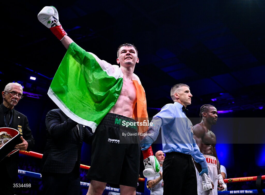 8 August 2026; Aaron McKenna after winning the light heavyweight title bout against Etinosa Oliha during the Zuffa Boxing 10 event at the 3Arena in Dublin. Photo by David Fitzgerald/Sportsfile