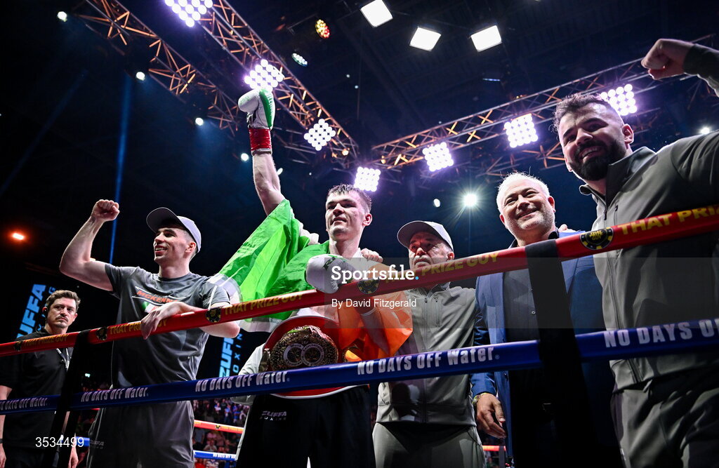 8 August 2026; Aaron McKenna celebrates with the belt after winning the light heavyweight title bout against Etinosa Oliha during the Zuffa Boxing 10 event at the 3Arena in Dublin. Photo by David Fitzgerald/Sportsfile