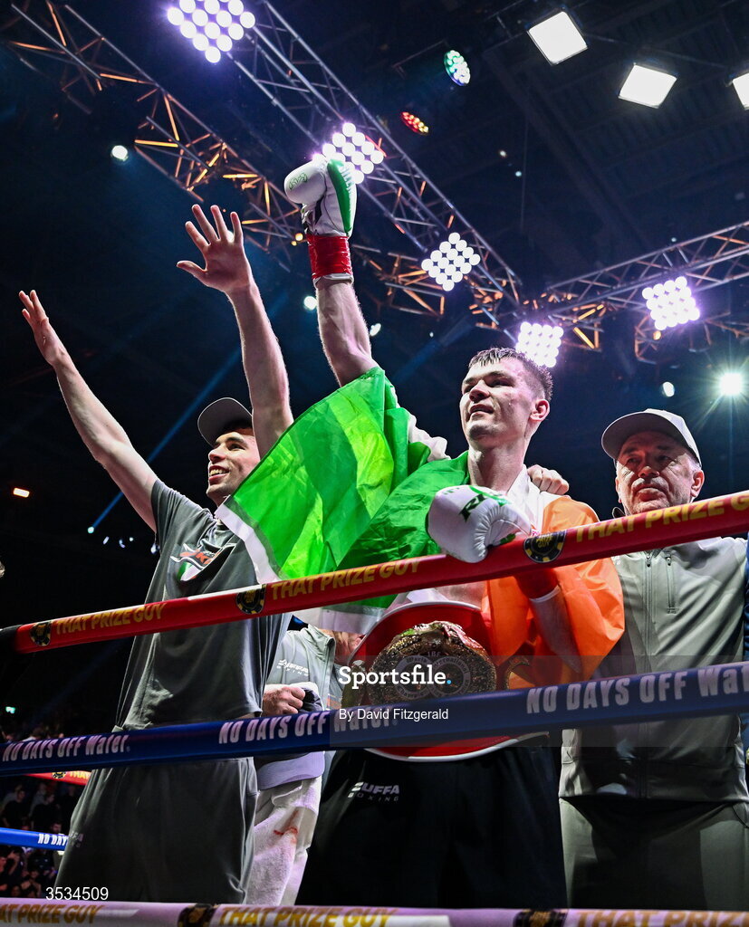 8 August 2026; Aaron McKenna with his brother Stevie and father Fergal after winning the light heavyweight title bout against Etinosa Oliha during the Zuffa Boxing 10 event at the 3Arena in Dublin. Photo by David Fitzgerald/Sportsfile