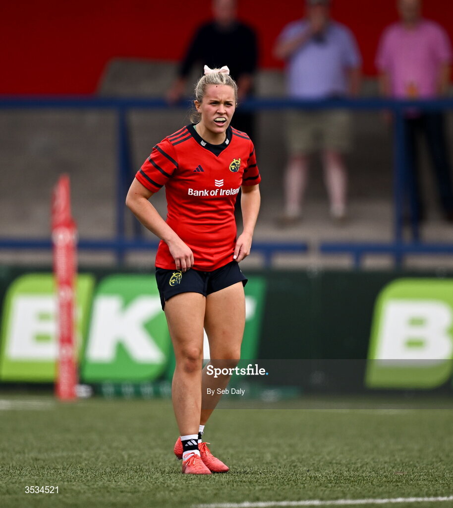 8 August 2026; Lucia Linn of Munster during the Vodafone Womens Interprovincial Championship Round 1 match between Munster and Leinster at Virgin Media Park in Cork. Photo by Seb Daly/Sportsfile