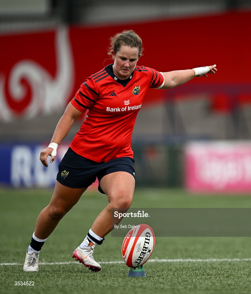 8 August 2026; Enya Breen of Munster during the Vodafone Womens Interprovincial Championship Round 1 match between Munster and Leinster at Virgin Media Park in Cork. Photo by Seb Daly/Sportsfile