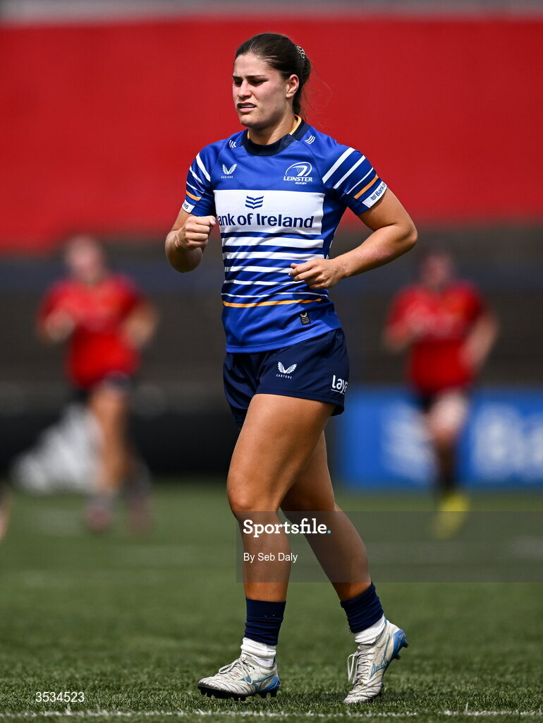 8 August 2026; Vicky Elmes of Leinster during the Vodafone Womens Interprovincial Championship Round 1 match between Munster and Leinster at Virgin Media Park in Cork. Photo by Seb Daly/Sportsfile