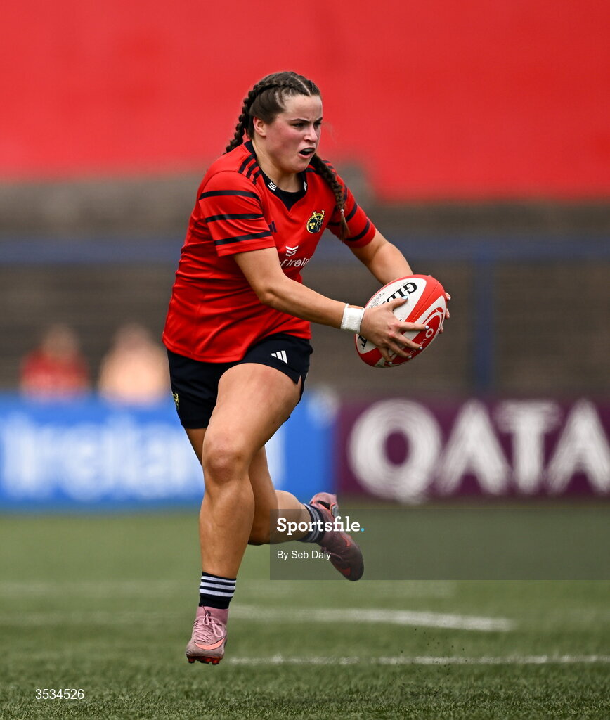 8 August 2026; Katie Corrigan of Munster during the Vodafone Womens Interprovincial Championship Round 1 match between Munster and Leinster at Virgin Media Park in Cork. Photo by Seb Daly/Sportsfile