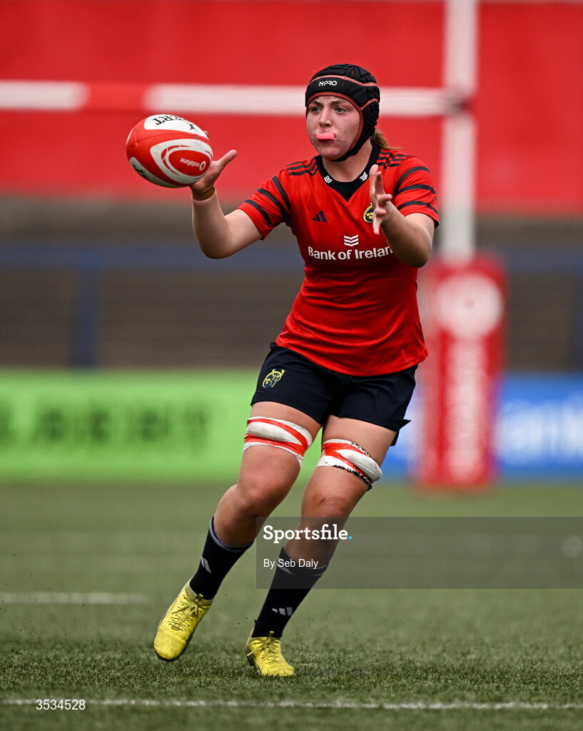 8 August 2026; Sally Kelly of Munster during the Vodafone Womens Interprovincial Championship Round 1 match between Munster and Leinster at Virgin Media Park in Cork. Photo by Seb Daly/Sportsfile