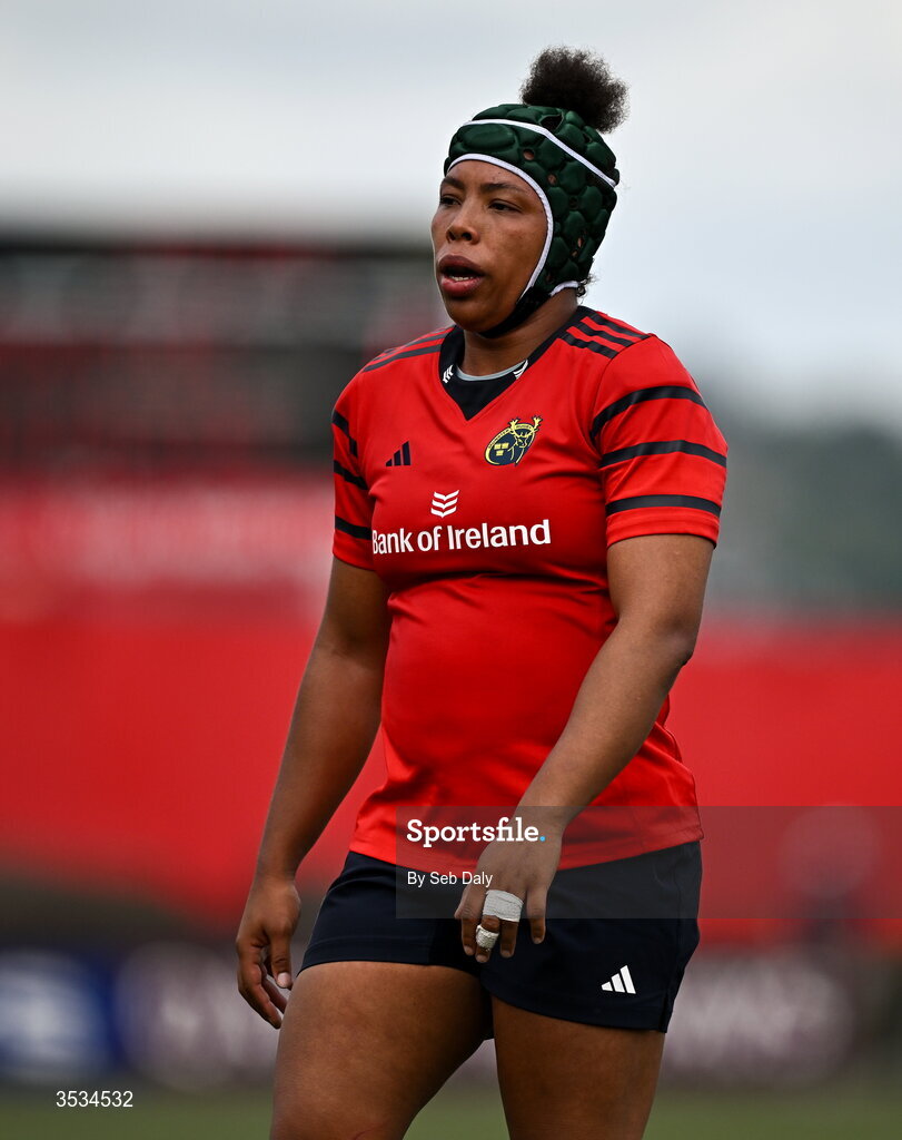 8 August 2026; Grace Moore of Munster during the Vodafone Womens Interprovincial Championship Round 1 match between Munster and Leinster at Virgin Media Park in Cork. Photo by Seb Daly/Sportsfile
