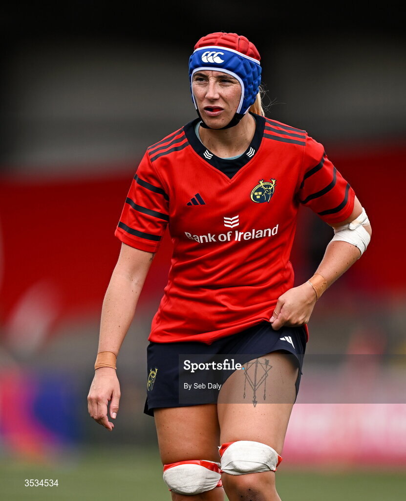 8 August 2026; Clodagh O’Halloran of Munster during the Vodafone Womens Interprovincial Championship Round 1 match between Munster and Leinster at Virgin Media Park in Cork. Photo by Seb Daly/Sportsfile