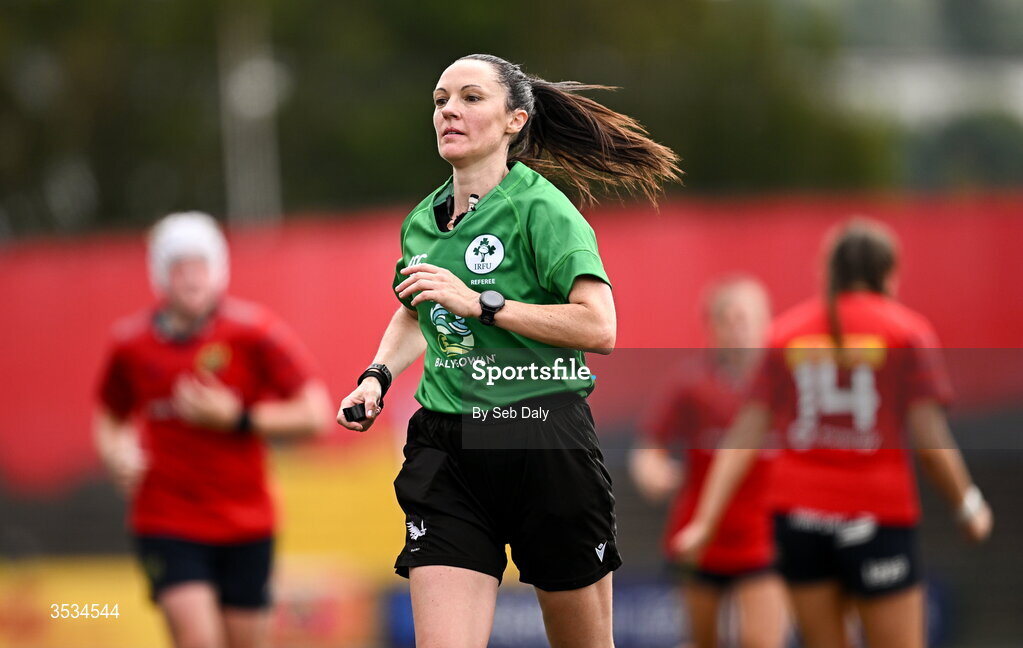 8 August 2026; Referee Siobhan Daly during the Vodafone Womens Interprovincial Championship Round 1 match between Munster and Leinster at Virgin Media Park in Cork. Photo by Seb Daly/Sportsfile