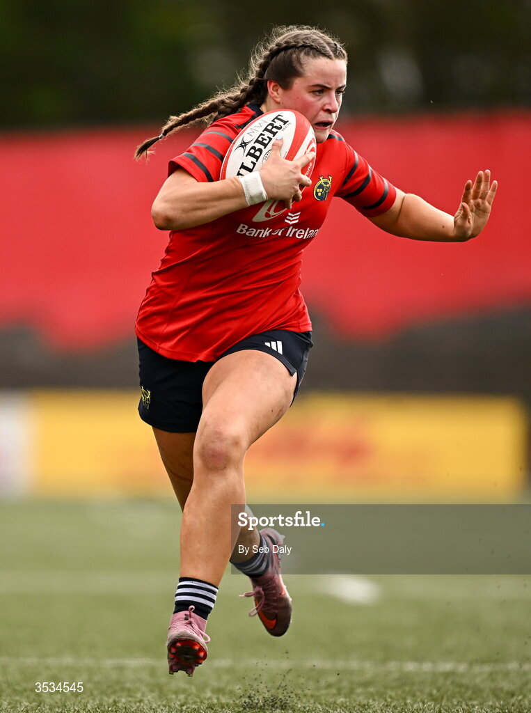8 August 2026; Katie Corrigan of Munster during the Vodafone Womens Interprovincial Championship Round 1 match between Munster and Leinster at Virgin Media Park in Cork. Photo by Seb Daly/Sportsfile