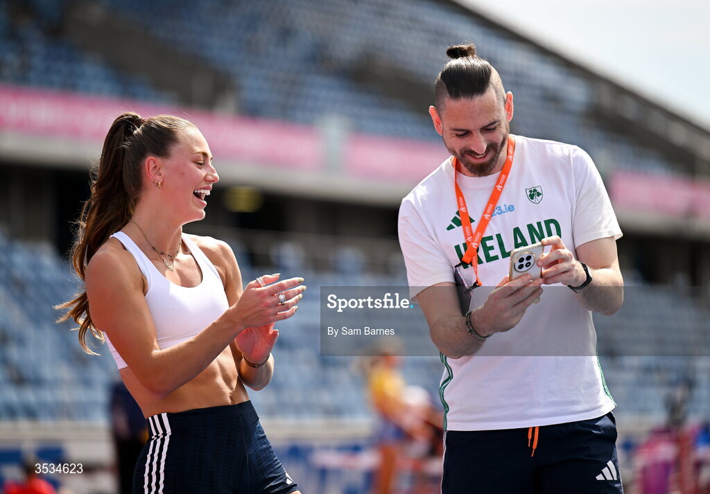 9 August 2026; Sophie Becker of Ireland, and coach Ger O'Donnell during a training session ahead of the European Athletics Championships 2026 at Alexander Stadium in Birmingham, England. Photo by Sam Barnes/Sportsfile