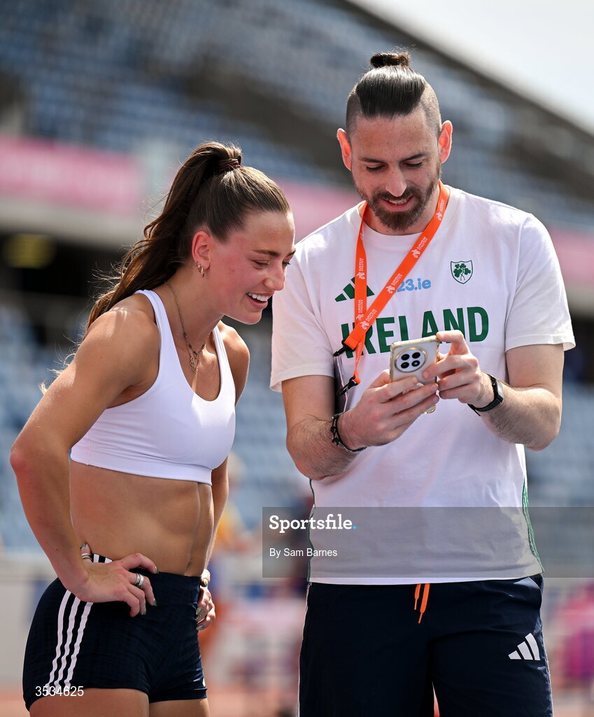 9 August 2026; Sophie Becker of Ireland, and coach Ger O'Donnell during a training session ahead of the European Athletics Championships 2026 at Alexander Stadium in Birmingham, England. Photo by Sam Barnes/Sportsfile