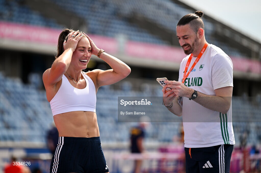 9 August 2026; Sophie Becker of Ireland, and coach Ger O'Donnell during a training session ahead of the European Athletics Championships 2026 at Alexander Stadium in Birmingham, England. Photo by Sam Barnes/Sportsfile