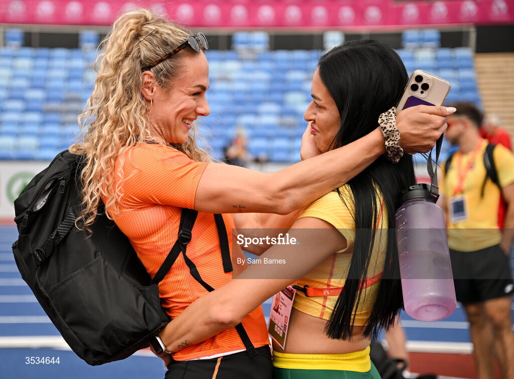 9 August 2026; Lieke Klaver of Netherlands, left, embraces Diana Zagainova of Lithuania during a training session ahead of the European Athletics Championships 2026 at Alexander Stadium in Birmingham, England. Photo by Sam Barnes/Sportsfile