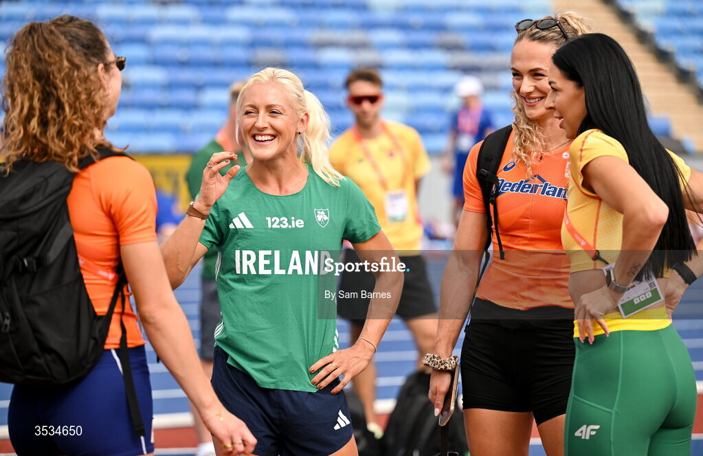 9 August 2026; Sarah Lavin of Ireland, second from left, shares a joke with Lieke Klaver of Netherlands, second from right, and Diana Zagainova of Lithuania, far right, during a training session ahead of the European Athletics Championships 2026 at Alexander Stadium in Birmingham, England. Photo by Sam Barnes/Sportsfile