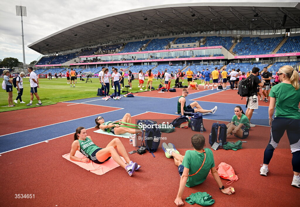 9 August 2026; Ireland athletes, from left, Ciara Neville, Sophie Becker, Brian Fay, Jack Raftery, Abbie Sheridan and Lauren Roy during a training session ahead of the European Athletics Championships 2026 at Alexander Stadium in Birmingham, England. Photo by Sam Barnes/Sportsfile