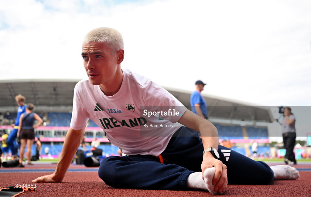 9 August 2026; Darragh McElhinney of Ireland during a training session ahead of the European Athletics Championships 2026 at Alexander Stadium in Birmingham, England. Photo by Sam Barnes/Sportsfile