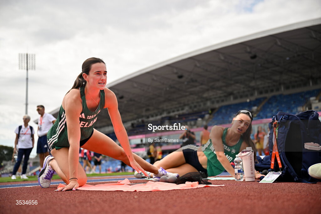 9 August 2026; Ciara Neville of Ireland, left, and teammate Sophie Becker during a training session ahead of the European Athletics Championships 2026 at Alexander Stadium in Birmingham, England. Photo by Sam Barnes/Sportsfile