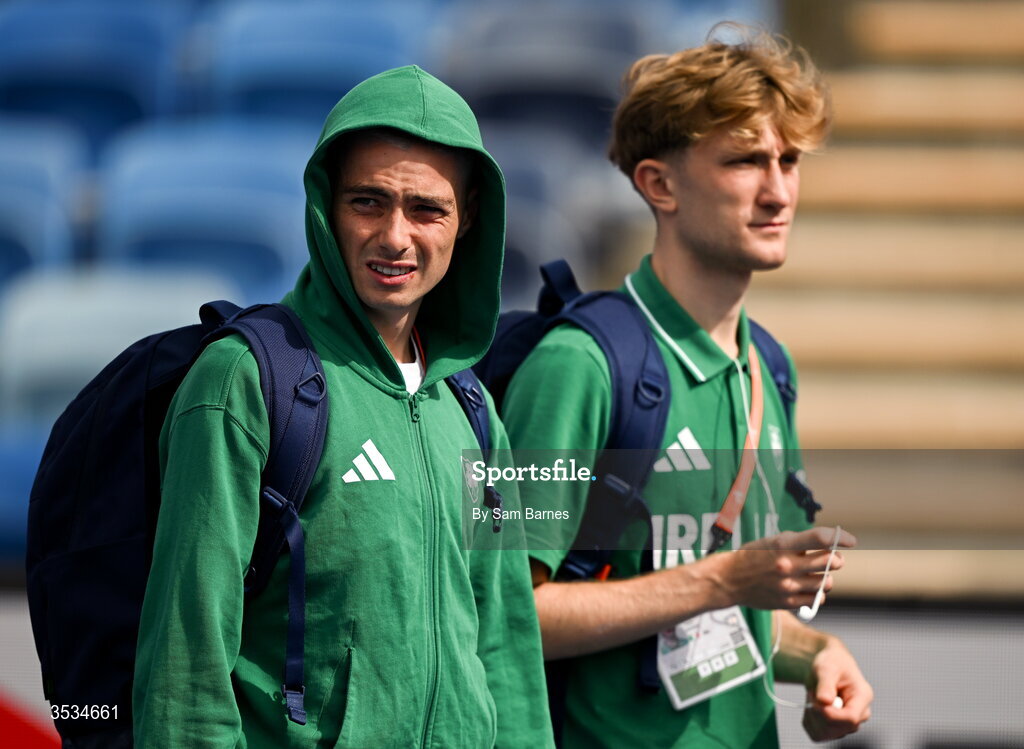 9 August 2026; Darragh McElhinney of Ireland, left, and teammate Nick Griggs during a training session ahead of the European Athletics Championships 2026 at Alexander Stadium in Birmingham, England. Photo by Sam Barnes/Sportsfile