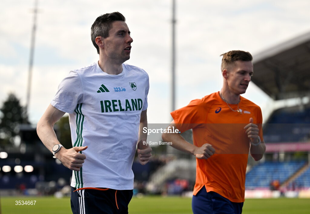 9 August 2026; Mark English of Ireland, left, and Tony van Diepen of Netherlands during a training session ahead of the European Athletics Championships 2026 at Alexander Stadium in Birmingham, England. Photo by Sam Barnes/Sportsfile